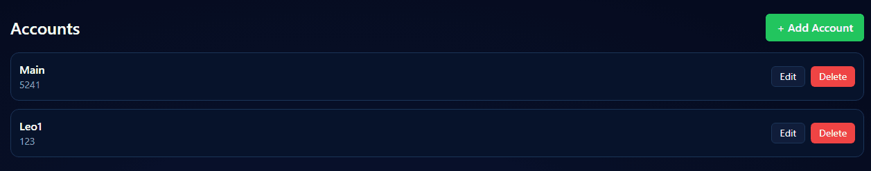 Trading accounts page showing multiple account management options