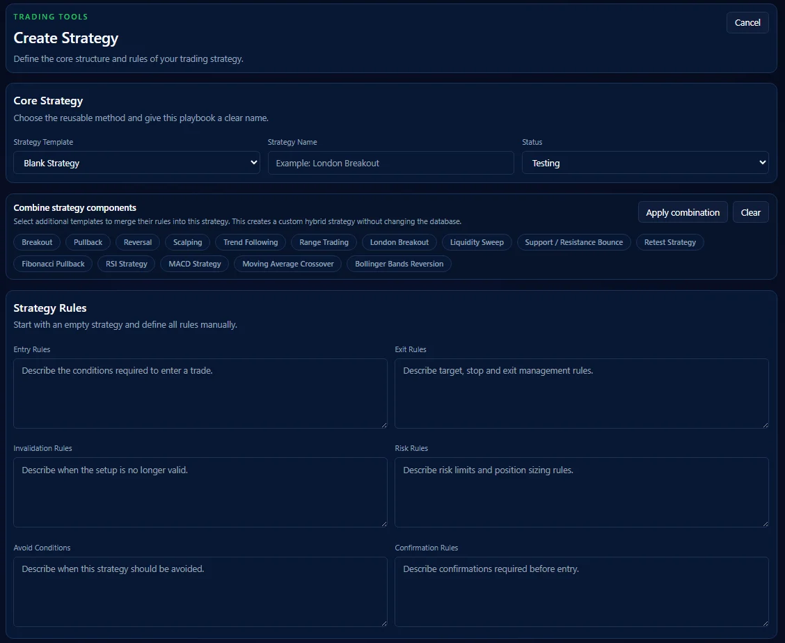Strategy Lab create strategy form with template combination and strategy rules