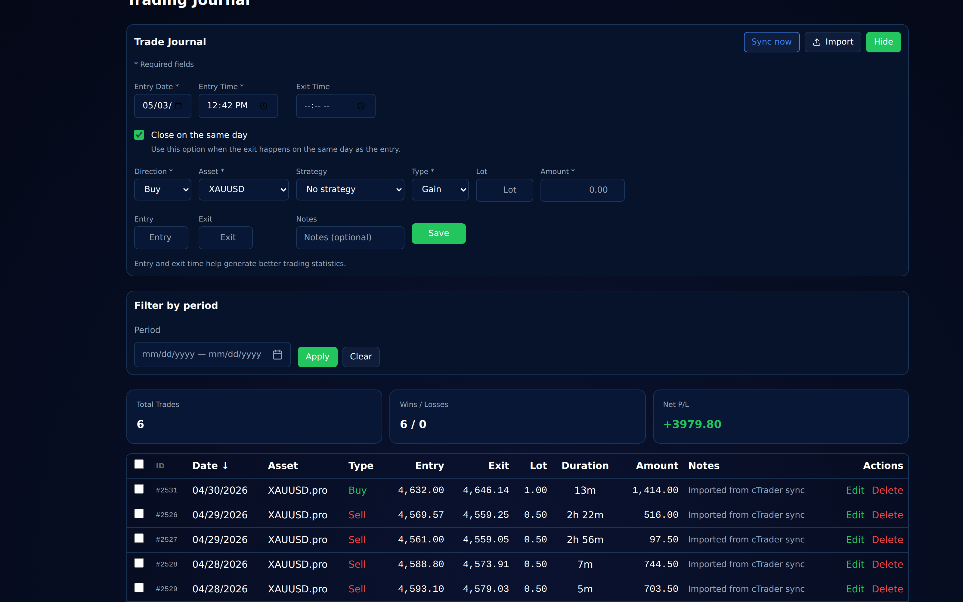Trading journal interface showing trade history, entries, exits and profit and loss tracking